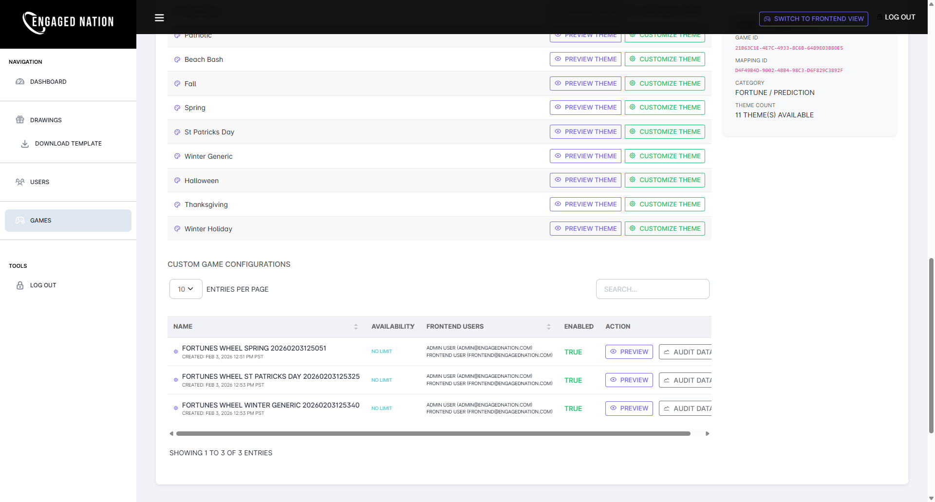 Multiple game configurations