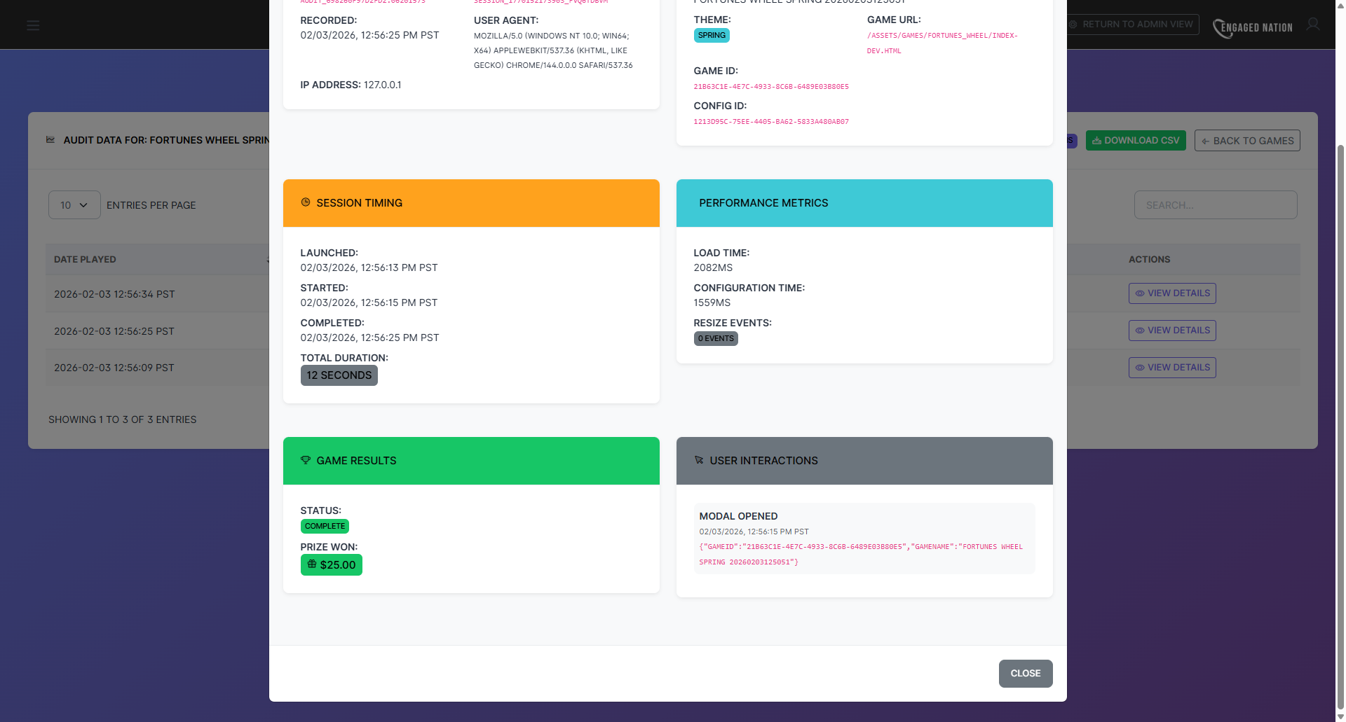 Game statistics dashboard